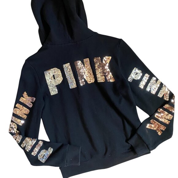 Victoria’s Secret Pink Rose Gold Silver Ombre Bling Sequin Hoodie S Black Zip Up - Picture 7 of 7